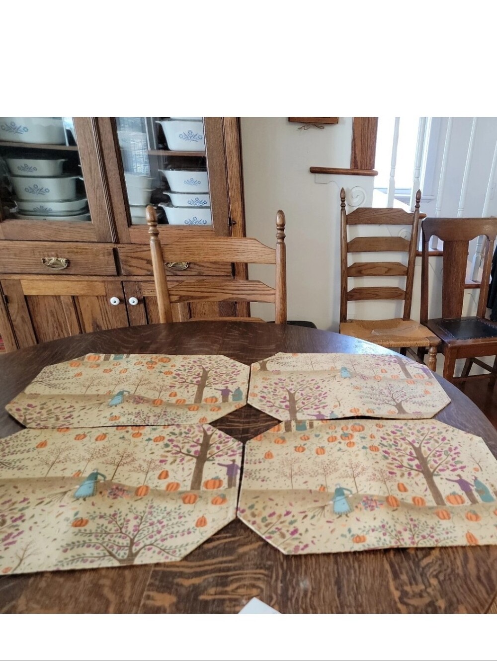 Set Of 4 Fall Placemats Pumpkins, Apples, Trees, Leaves Reversible